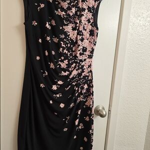 Evan Picone Black Midi Dress with Pink Floral Scatter